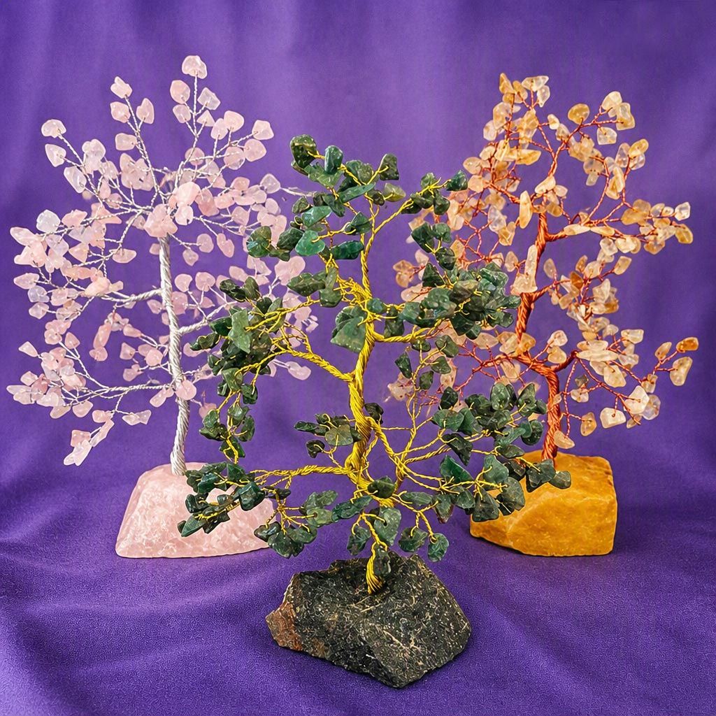 Gemstone trees with rose quartz, citrine, and jade chips on matching raw stone bases
