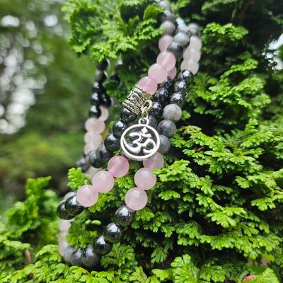 Rose Quartz, Hematite &amp; Labradorite OM Prayer Beads