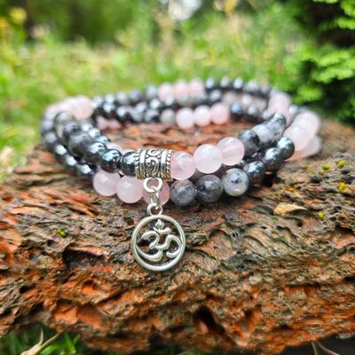 Rose Quartz, Hematite &amp; Labradorite OM Prayer Beads