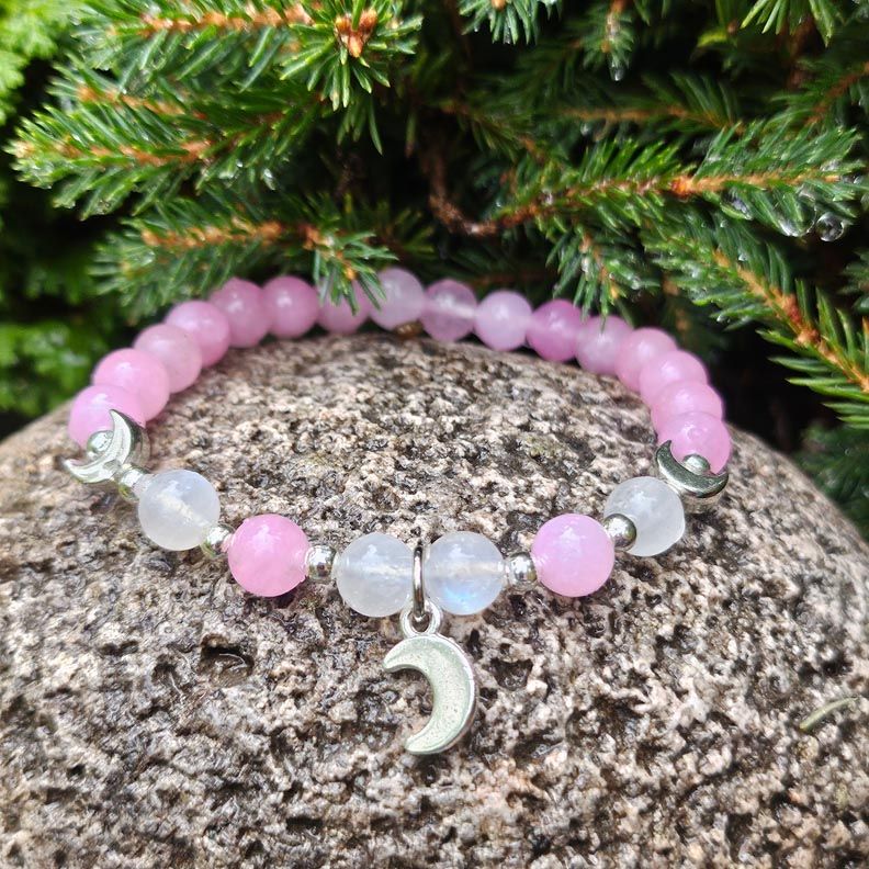 Pink Kunzite and Rainbow Moonstone Bracelet with moon Charm