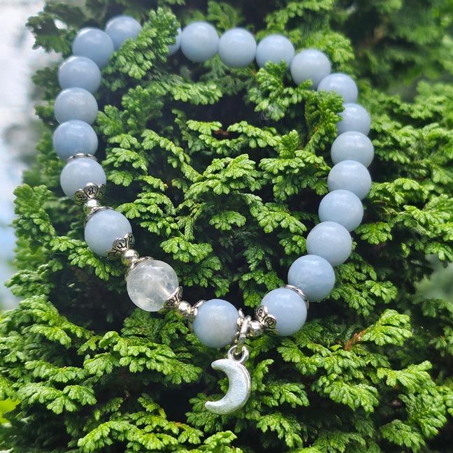 Angelite &amp; Rainbow Moonstone Bracelet with Silver Crescent Moon