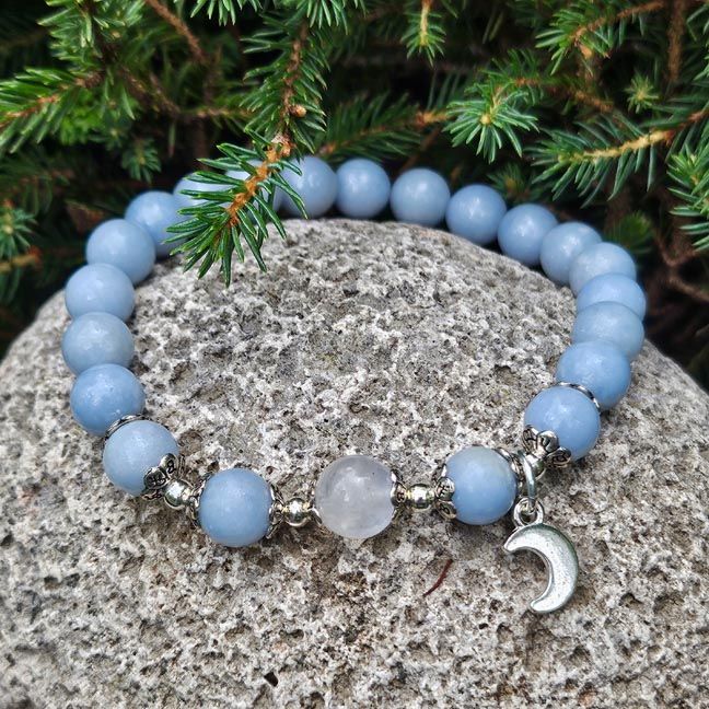 Angelite &amp; Rainbow Moonstone Bracelet with Silver Crescent Moon