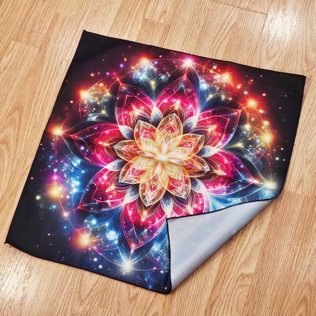 Crystal Lotus altar cloth with radiant lotus mandala on smooth 18×18 finished‑edge polyester.