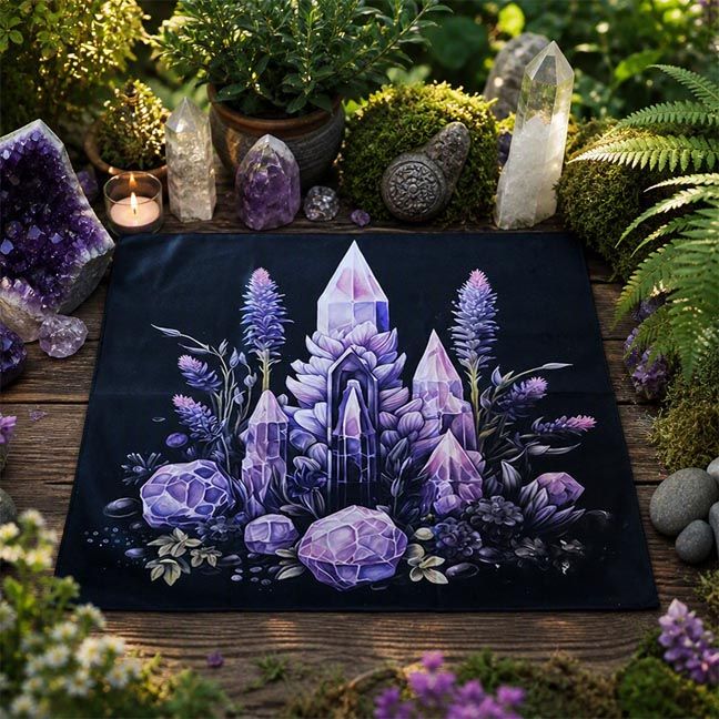 Amethyst altar cloth with vibrant mystical purple imagery on smooth 18×18 finished‑edge polyester.