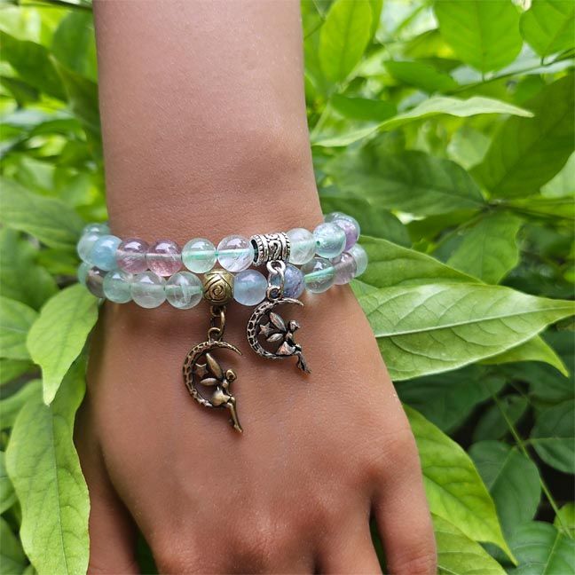 Rainbow Fluorite 8mm bead bracelet with bronze or silver fairy charm for intuition and magical clarity.