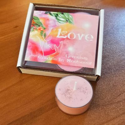Love organic soy candle with Rose Geranium and Divine Union artwork for heart opening and emotional harmony.