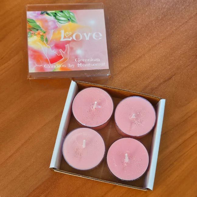 Love organic soy candle with Rose Geranium and Divine Union artwork for heart opening and emotional harmony.