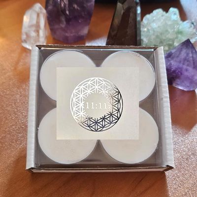 11:11 organic soy tea-lights with Rose Geranium and Frankincense for alignment, manifestation, and new beginnings.