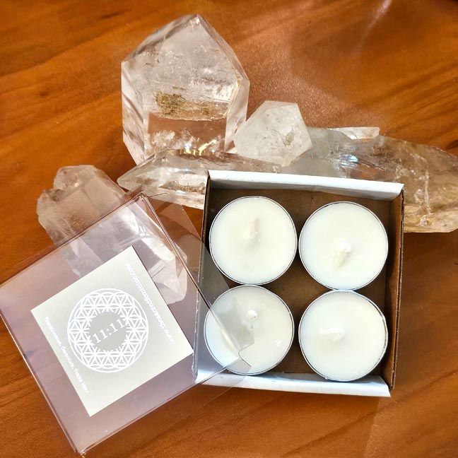 11:11 organic soy tea-lights with Rose Geranium and Frankincense for alignment, manifestation, and new beginnings.