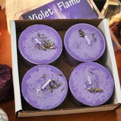 Violet Flame organic soy candle with Lavender, Cedarwood, Sage, and lavender flowers for peace and purification.