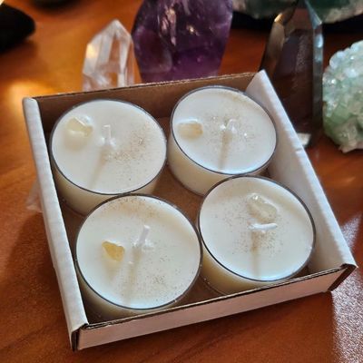 Clearing Negative Energy candle with Sage, Frankincense, and Citrine gemstone chip for purification and renewal.