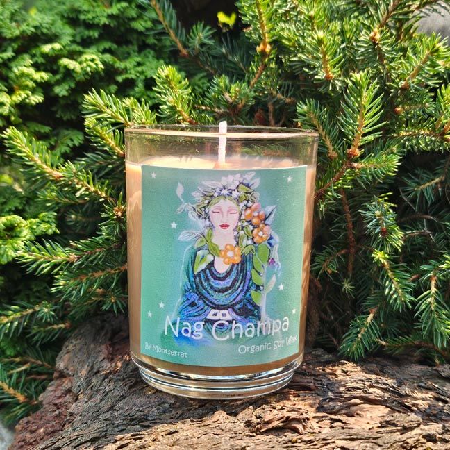 Nag Champa soy candle with sandalwood, frangipani, and Buddha of the Garden artwork in a reusable glass jar.