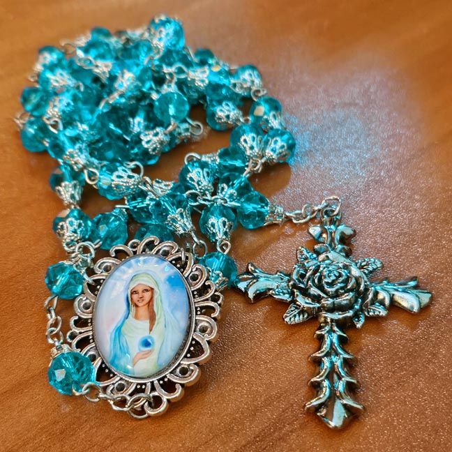 Madonna of the Ascending Earth Rosary — Aqua Blue Beads, Rose Crucifix &amp; Sacred Artwork