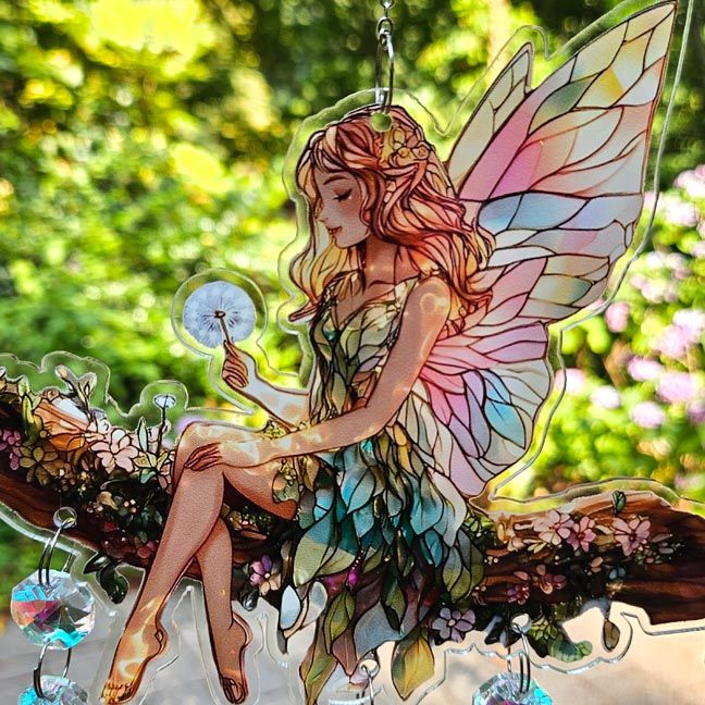 Fairy suncatcher with dandelion, aura crystals, star prisms, and double‑sided luminous artwork.