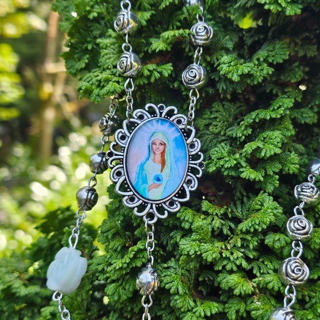 The Sisterhood of the Rose Rosary — Handcrafted Rose Beads, Amazonite Roses &amp; Madonna Centerpiece
