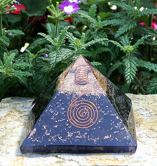 Black Tourmaline orgone pyramid with clear quartz, copper spiral, and brass insert, 3-inch base.