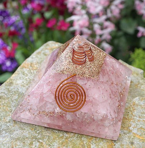 Rose Quartz orgone pyramid with clear quartz, copper spiral, and brass insert, 3-inch base.