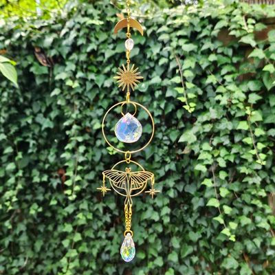 Gold Luna Moth suncatcher with celestial symbols and faceted crystals for moon magic and rainbow light.