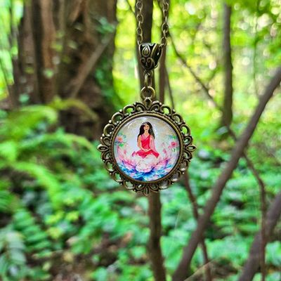 “Within” Crystal Lotus Pendant | Meditation Artwork Jewelry in Antique Bronze