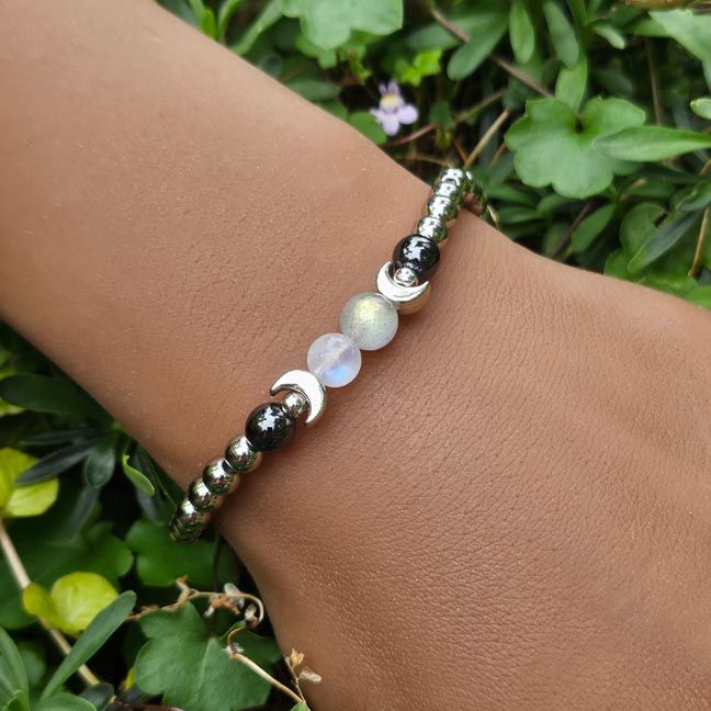 Moonstone bracelet with Full Moon and New Moon beads, crescent moons, and hematite.