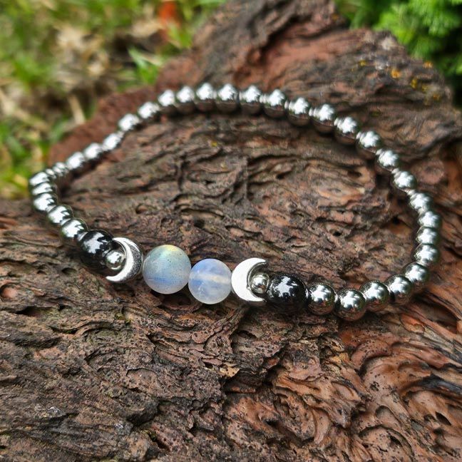 Moonstone bracelet with Full Moon and New Moon beads, crescent moons, and hematite.