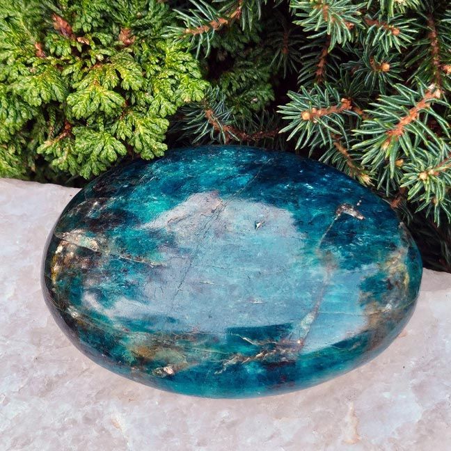 AAA Blue Apatite palm stone for clarity, intuition, and confident communication.