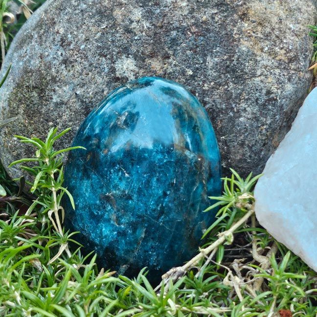AAA Blue Apatite palm stone for clarity, intuition, and confident communication.