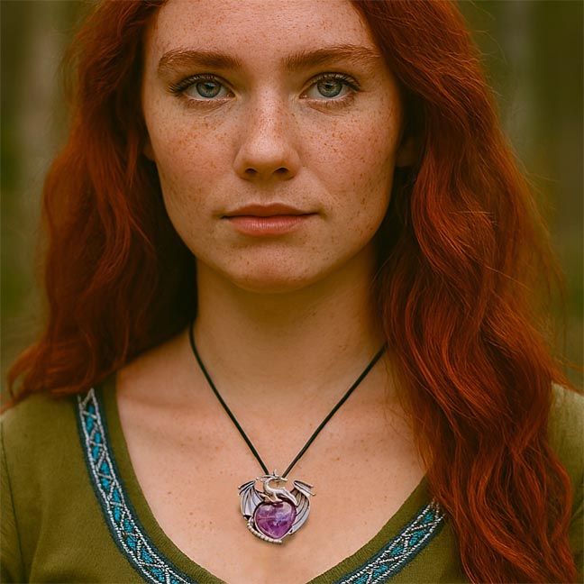 Silver dragon pendant with natural heart‑shaped gemstone and cotton cord.