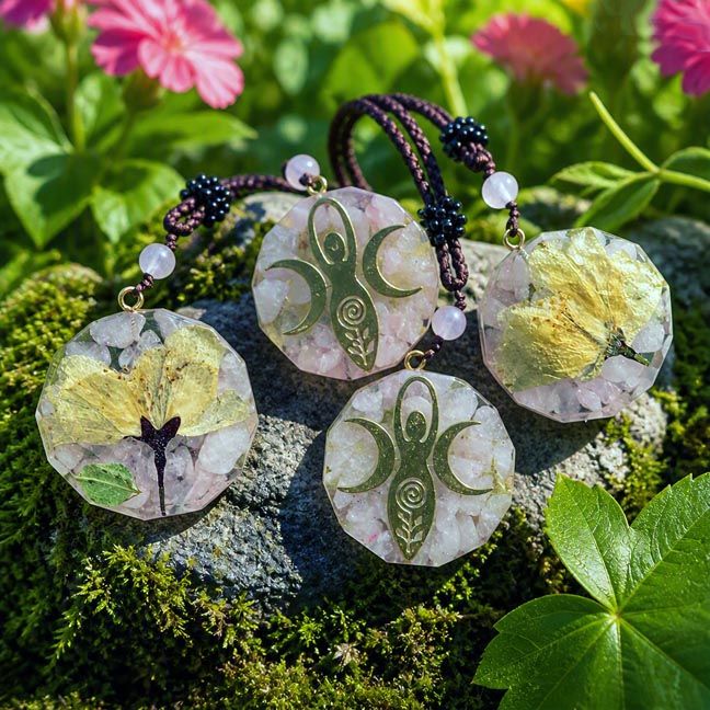 Orgone Rose Quartz Triple Moon Goddess Necklace