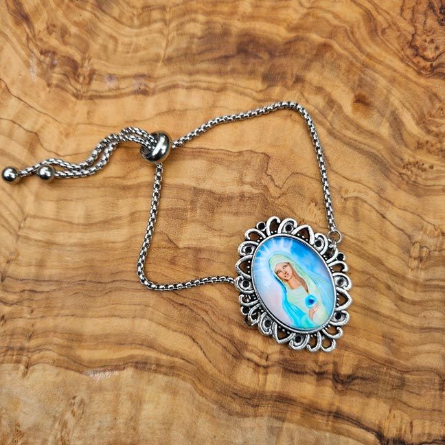 Madonna of the Healing Earth medallion bracelet with sliding stainless steel chain, symbolizing peace and unity.