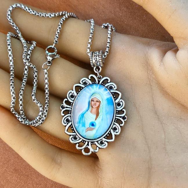 Madonna of the Healing Earth Pendant – Stainless Steel Chain Medallion Necklace