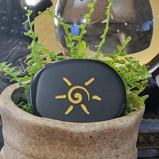 Sunburst: Natural Obsidian Engraved Palm Stone