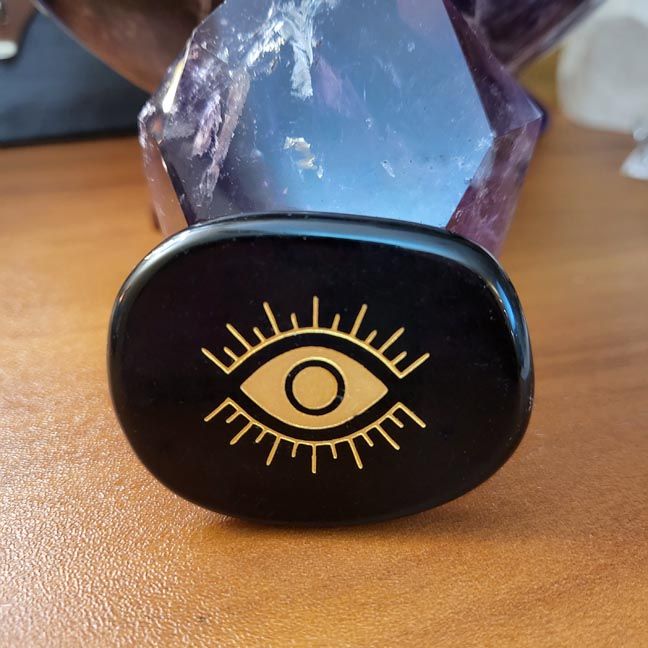 Evil Eye Protection: Natural Obsidian Engraved Palm Stone