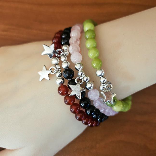 Starfield bracelet with 6mm natural gemstones and a silver star charm in Carnelian, Rose Quartz, or Canada Jade.