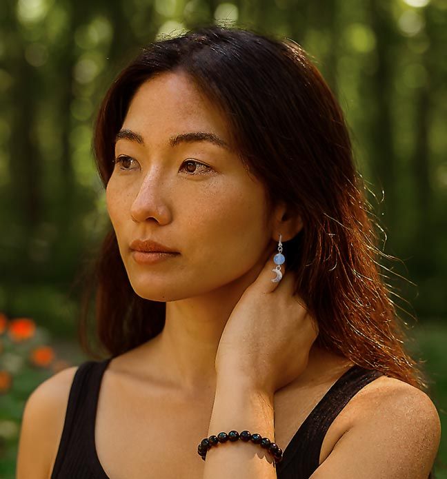 Moon Whisper Collection Earrings – Minimalist Silver Hoop Earrings with Natural Gemstone Beads  by Crystal Lotus