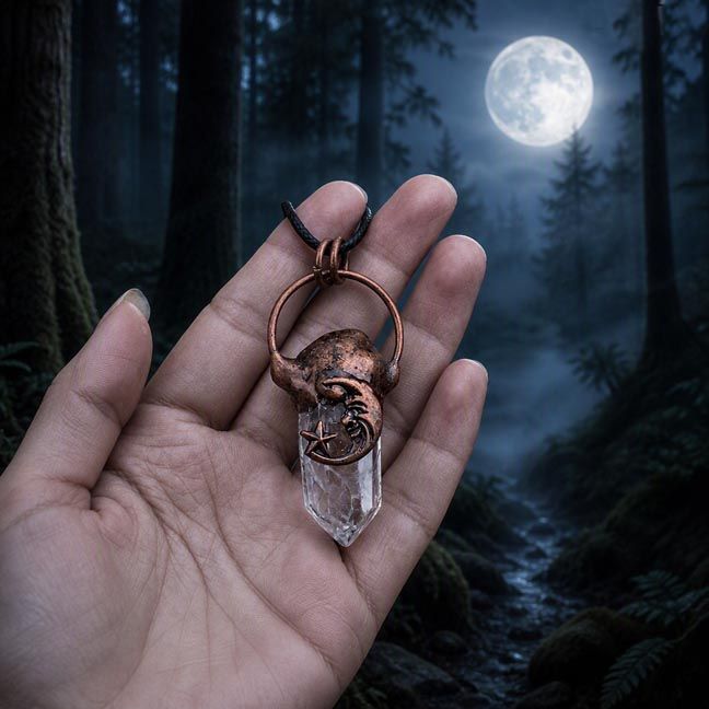 Copper crescent moon and star pendant with clear quartz point on waxed cotton cord, glowing with mystical light.