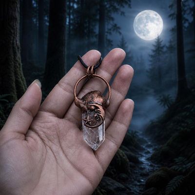 Copper crescent moon and star pendant with clear quartz point on waxed cotton cord, glowing with mystical light.
