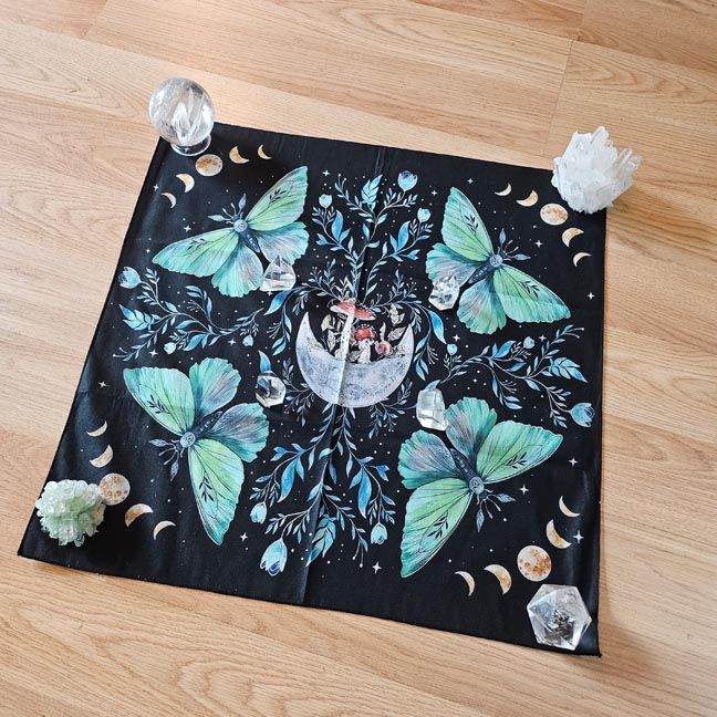Forest Moth altar cloth with crescent moon, mushrooms, green moths, and lunar phases, 18×18 polyester.