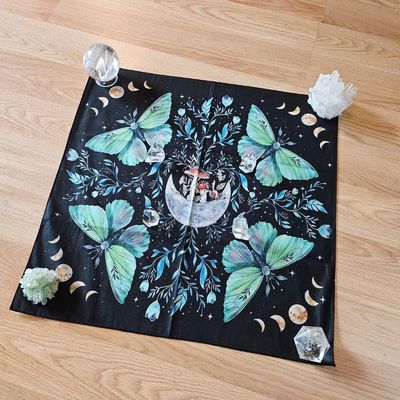 Forest Moth altar cloth with crescent moon, mushrooms, green moths, and lunar phases, 18×18 polyester.