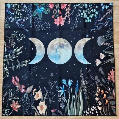 Triple Moon altar cloth with lunar phases and botanical night‑sky florals, 18×18 polyester.