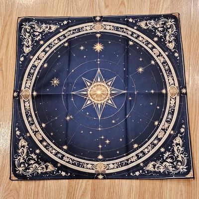 Universe altar cloth with celestial compass rose, constellations, and night‑sky blues, 18×18 polyester.