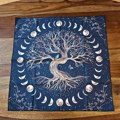 Tree of Life altar cloth with full lunar cycle and nature motifs, 18×18 polyester.