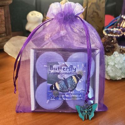 Butterfly Organic Soy Tea Lights in a box of four, infused with Lavender and Rosemary, symbolizing transformation and renewal