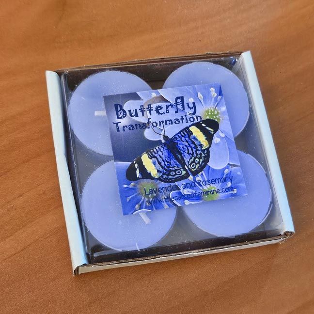 Butterfly Organic Soy Tea Lights in a box of four, infused with Lavender and Rosemary, symbolizing transformation and renewal