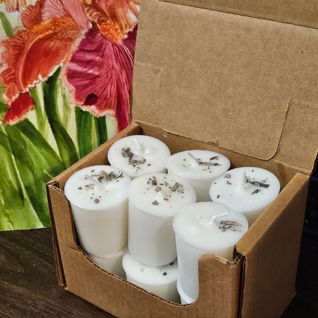 Twelve White Sage organic soy votives topped with dried sage leaves for cleansing and purification.