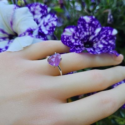 Handmade sterling silver ring with a 1/2" free‑form faceted Amethyst gemstone, size 7.