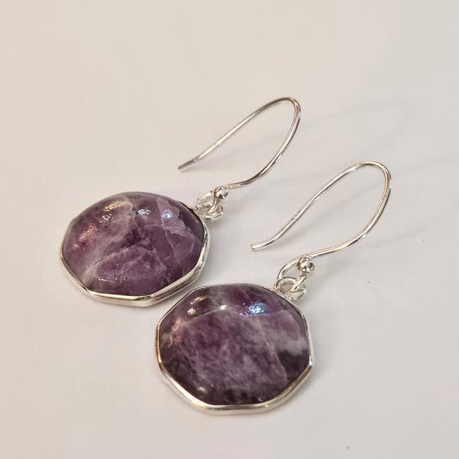 Sterling silver earrings with ½" Lepidolite cabochons set in octagon frames, 1½" long including hoops.