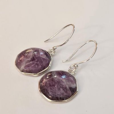 Sterling silver earrings with ½" Lepidolite cabochons set in octagon frames, 1½" long including hoops.