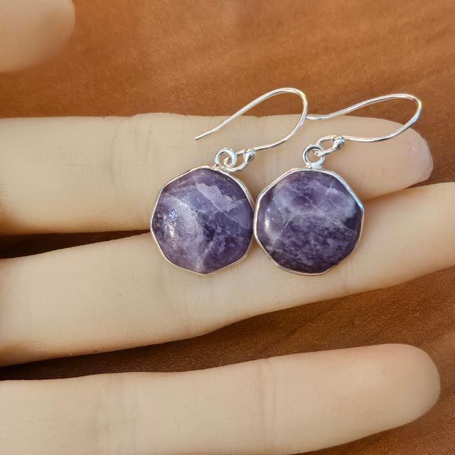 Sterling silver earrings with ½" Lepidolite cabochons set in octagon frames, 1½" long including hoops.