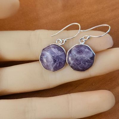 Sterling silver earrings with ½" Lepidolite cabochons set in octagon frames, 1½" long including hoops.